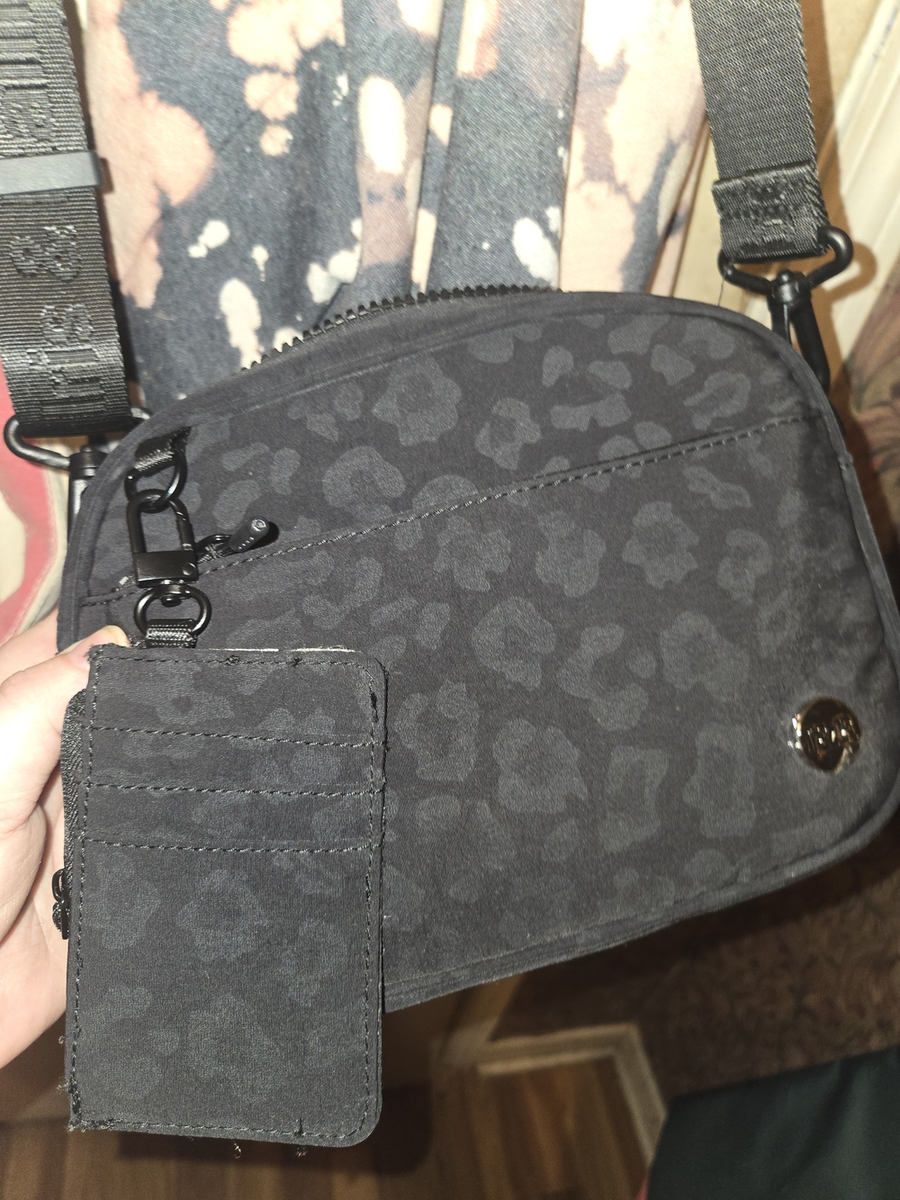 Iris & Rainbow Black Leopard Crossbody Bag with Card Holder